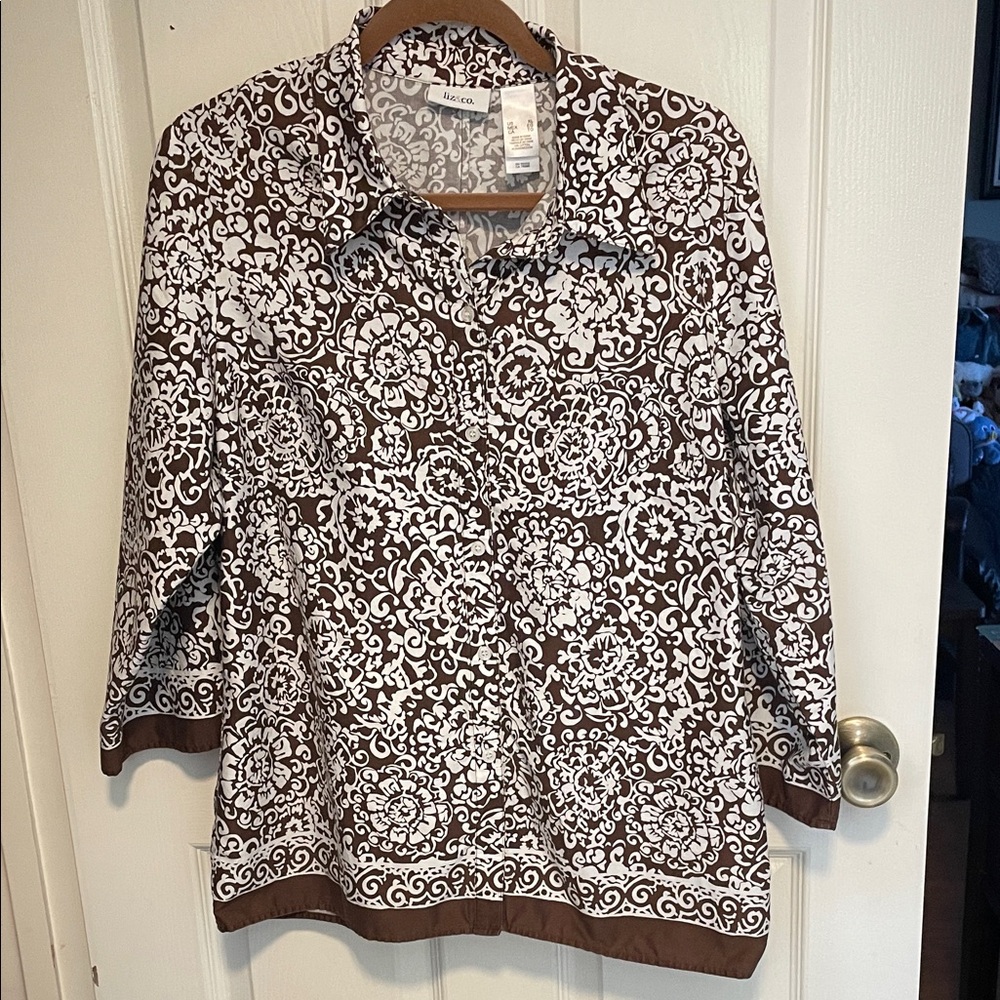 Liz & Co Floral Brown and White Blouse size XL